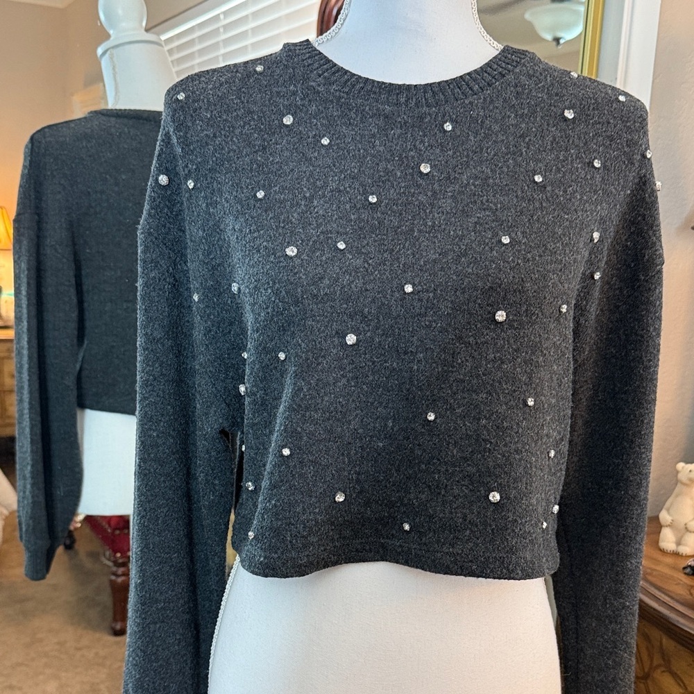 Zara Gray Pearl-Embellished Crew Neck Sweater